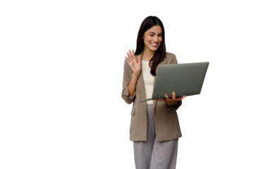 Businesswoman having video call on laptop, waving hand during virtual meeting, smiling female remote worker on transparent background