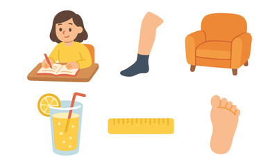 Flat illustrated elements: studying, furniture, lemonade, and measuring tools