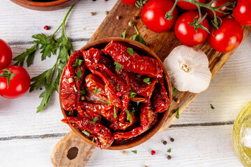 Homemade sun-dried tomatoes in olive oil