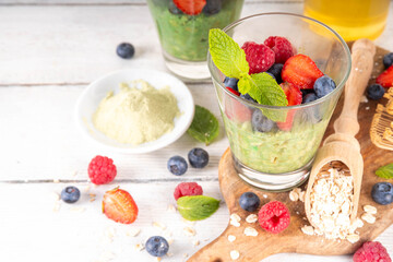 Overnight matcha oatmeal with fresh berries