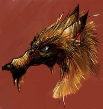 Portrait de loup roux sur fond rouge style bande dessin&eacute;e avec un pelache &eacute;bouriff&eacute;