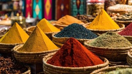 Vibrant display of colorful spices in traditional market setting