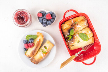 Traditional German  Pfannkuchen-Auflauf, baked pancakes casserole