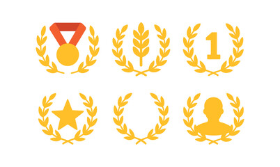 Achievement icons with laurel wreaths: medals, stars, and awards in flat design
