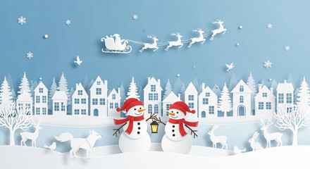 santa claus and snowman. Merry Christmas composition in paper cut style. Santa Claus on the sky with reindeer and snowman in a winter village scene. © bikram