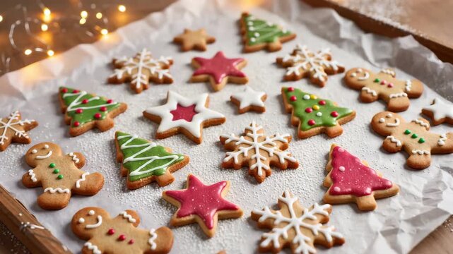Assorted Christmas cookies with icing shaped as stars, trees, snowflakes and gingerbread figures laid out on parchment paper. Colorful festive food display. Sweet holiday treat.