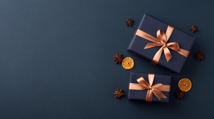 Elegant gift box presents for holiday celebration on dark blue festive background. flat lay top view composition with copy space for special christmas greeting
