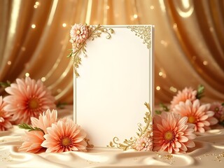 Blank cream card featuring gold filigree and pink blooms rests on draped peach satin, horizontal composition. Lush gerbera daisies, golden bokeh and scattered glitter create a luxurious background.