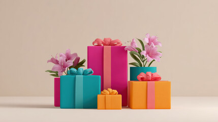 Joyful colorful gift box collection with pink flower for special occasion celebration. surprise present group on plain background perfect for birthday or holiday greeting