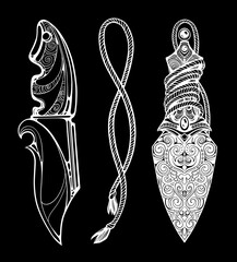 Boho chic ritual daggers with ornate carving and rope elements. Hand drawn mystical knives illustration in black and white. Magical weapon design for pagan altar, witchcraft decor, fantasy art and occ