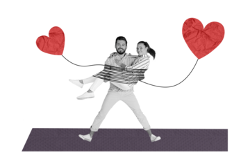 Composite trend artwork sketch image photo collage of valentine day holiday date love bonding young couple man hand hold lady heart thread