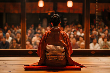 落語家の後ろ姿と観客席　伝統話芸の温かい舞台風景