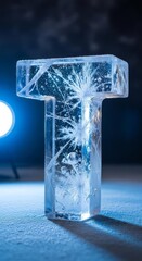 Icy Letter T with Bubbles and Seed Details on Powdered Surface Under Blue Light