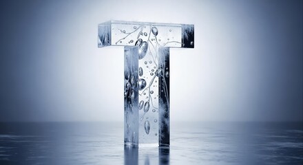 Clear Glass Letter T with Bubbles on Glossy Surface - Blue Tones