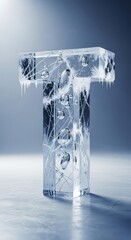 Icy Letter T with Frozen Bubbles and Icicles on Blue Backdrop