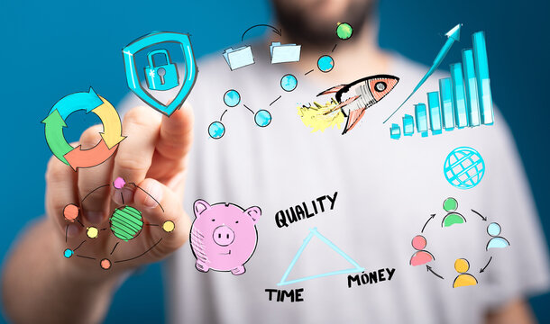 Creative business strategy visualized with charts, graphs, security, and growth. Concepts of time, money, and quality. Startup, data, growth, su