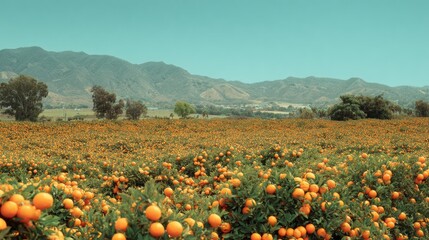 A wide orange orchard stretches toward distant mountains under a clear sky, with rows of fruit laden trees filling the frame, showcasing abundant harvest, neat agriculture lines, and rural scenery.