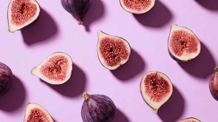 Whole and halved figs lie in a flat lay on pastel purple, revealing detailed seeds, soft shadows, and rich color in a clean minimal composition suited for food, nutrition, freshness concepts.