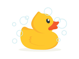 Yellow rubber duck with bubbles. Children’s bath toy icon in flat design. Cute vector illustration isolated on white background.