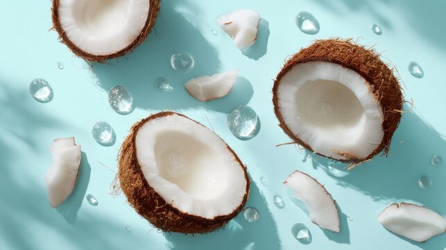 Halved coconuts and white pieces rest on a turquoise background with scattered water droplets, highlighting fresh tropical texture, bright natural light, clean composition, and a refreshing food. - Powered by Adobe