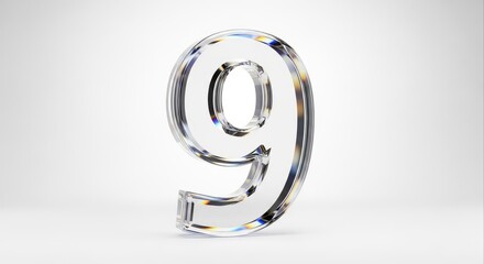 Transparent Number Nine Clear Glass on White Background