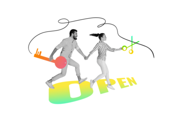 Composite photo collage of two happy girl guy run cut scissors open project business development key isolated on painted background