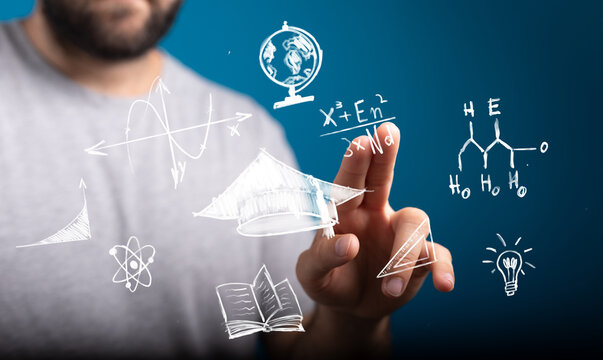 Stock photo of a man interacting with digital drawings of education and science concepts, including formulas, graphs, and a graduation cap - Powered by Adobe
