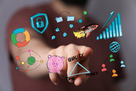 Stock photo of hand interacting with digital business icons, illustrating concepts of quality, time, and money.