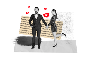 Composite trend artwork sketch image photo collage of valentine day love date like banner young lady guy stand bonding style clothes