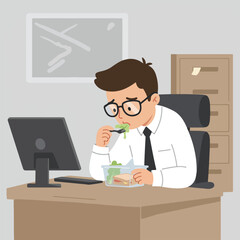 Fototapeta premium Unhappy office worker eating bland lunch from plastic container while working