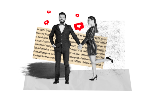 Composite trend artwork sketch image photo collage of valentine day love date like banner young lady guy stand bonding style clothes
