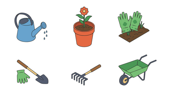 Colorful gardening tools and plants set for home garden enthusiasts