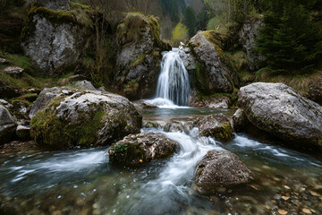 Obraz premium Serene waterfall cascading over rocks, surrounded by lush greenery, creating a tranquil natural landscape.