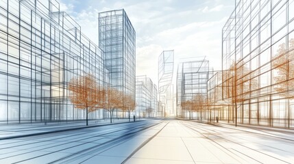Wireframe of city streets with visible buildings and trees, for architectural use