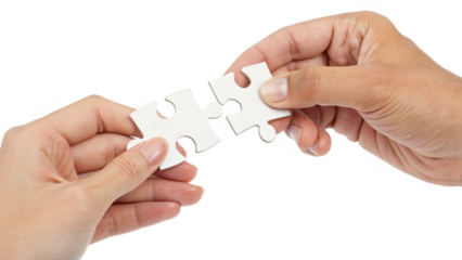 Hands connecting two white jigsaw puzzle pieces for a teamwork solution isolated on transparent background 