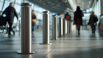 Sleek metal bollards in a busy airport terminal, guiding foot traffic and enhancing safety for travelers.