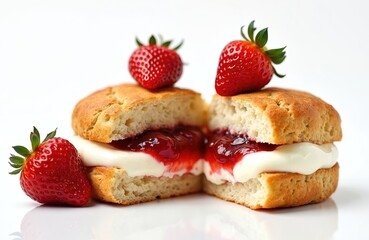 Fresh scone with clotted cream and strawberry jam isolated on white. Sweet dessert food with red strawberries. Pastry served for breakfast or afternoon tea. Delicious snacks with berries.