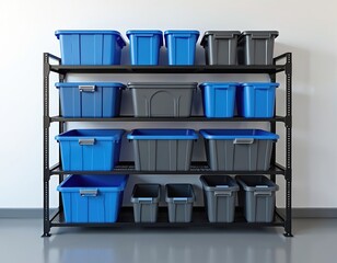 Black metal shelving unit stores blue and grey plastic bins. Containers keep garage, home, or workshop neat. Organizers save space, hold items securely. Tidy storage solution.