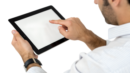 Male hands holding a digital tablet with a blank screen, finger tapping it isolated on transparent background