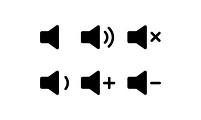 Audio icon set with volume, mute, plus, and minus symbols in simple black silhouette style