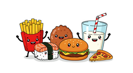 Cute kawaii fast food characters with happy faces and playful expressions