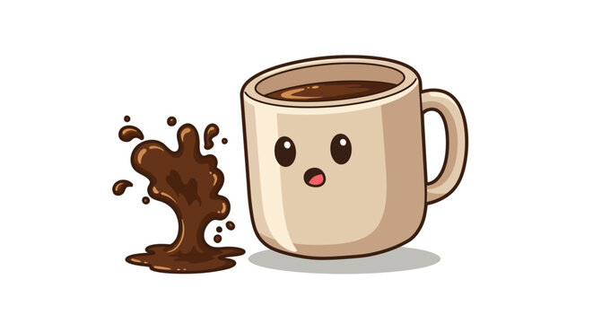 Adorable coffee cup with spilled splash: cute cartoon design for cafes and be…