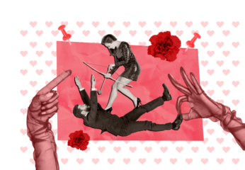 Composite photo collage of two happy girl guy cupid hold arrow bow valentine holiday rose flower heart love isolated on painted background