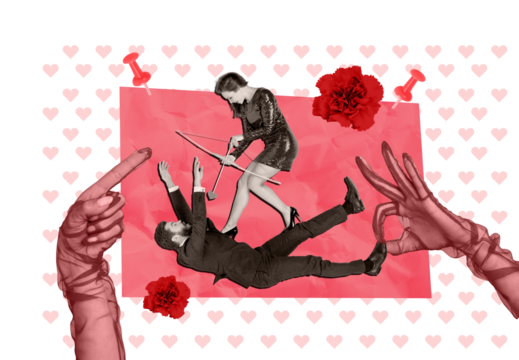 Composite photo collage of two happy girl guy cupid hold arrow bow valentine holiday rose flower heart love isolated on painted background