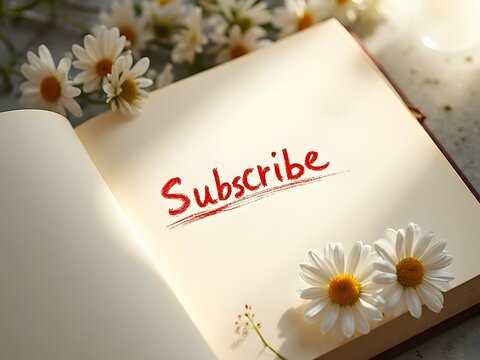 Open pale book shows Subscribe in red script, bathed in soft light, horizontal composition. White daisies with bright yellow centers frame the inviting composition.