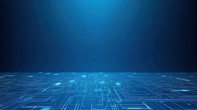Blue Technology Background with Glowing Digital Circuit Patterns and White Geometric Shapes on Dark Gradient.