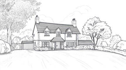 Sketch of a two story house with trees in yard. Illustration for real estate, architecture use