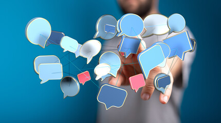 Hand reaching towards floating speech bubbles concept of discussion, chat, communication. Digital artwork illustration.