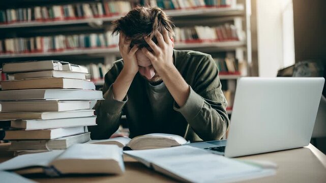 Stressed student in library holds head over open textbooks beside laptop, soft afternoon light, shelves of books in background, illustrating exam pressure, deadlines, concentration academic workload.