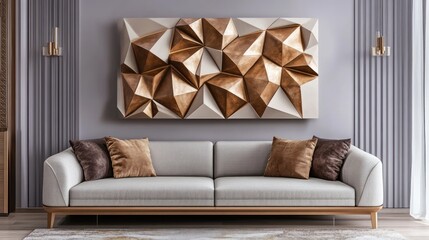 Modern living room with geometric art, sofa, and neutral decor.  Use Interior design inspiration